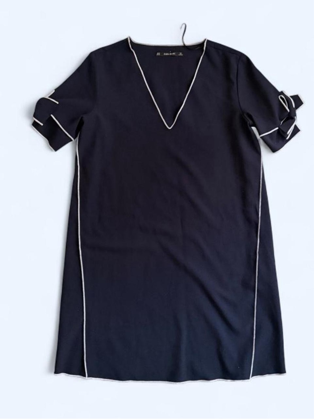 Zara Navy Midi V-Neck Shift Dress with White Piping